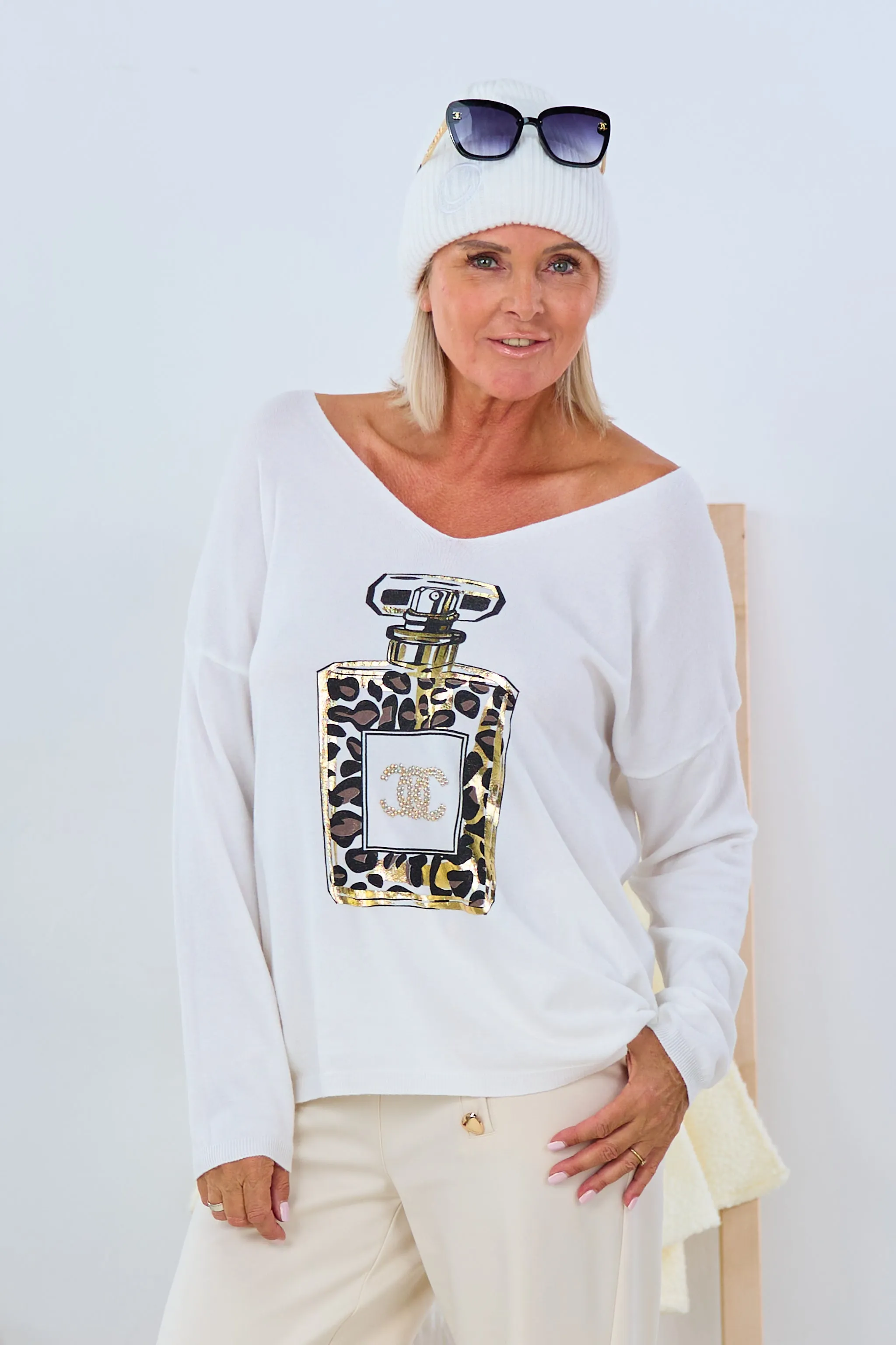 Feinstrickpulli mit Flacon-Druck, ecru
