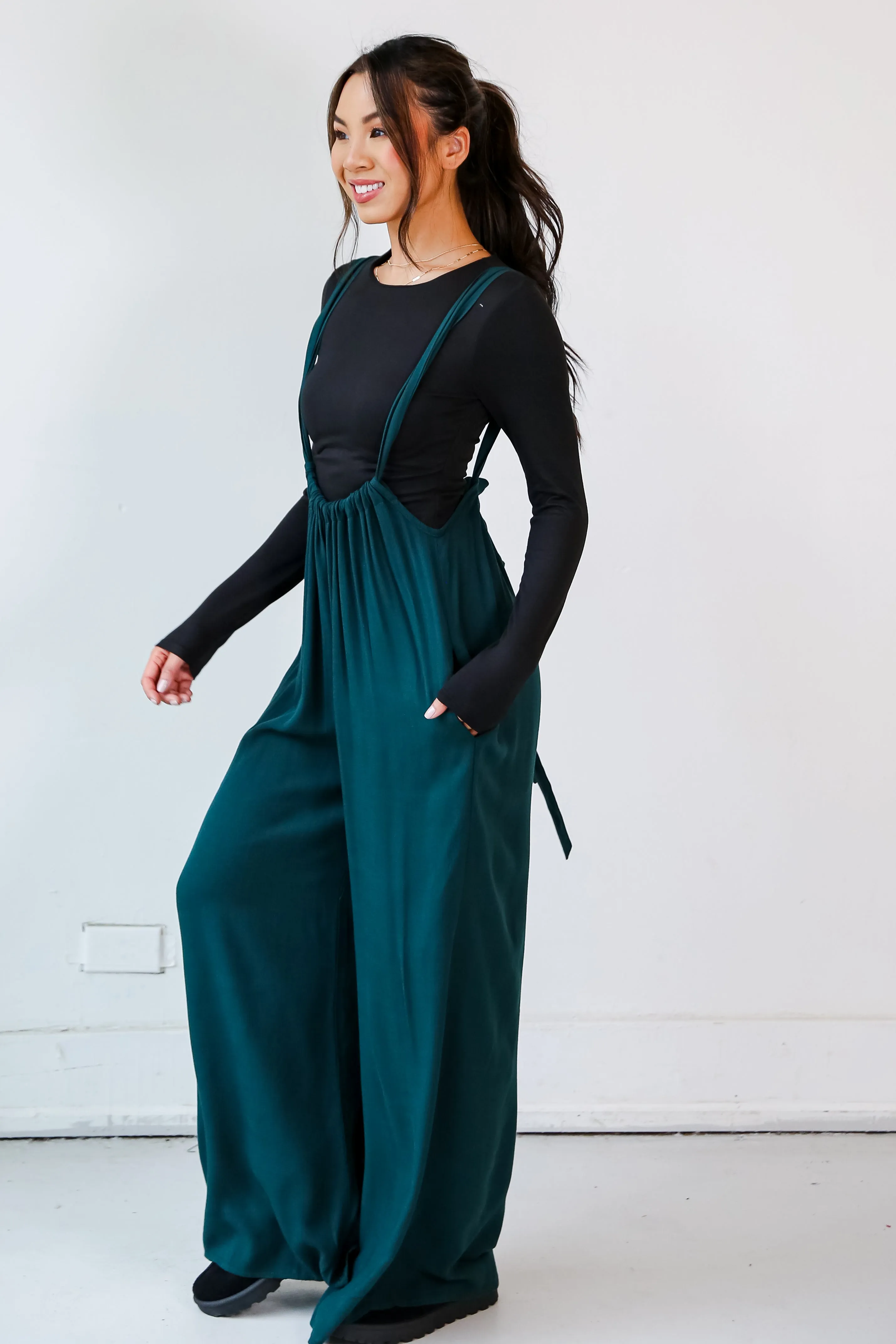 FINAL SALE - Glamorous Influence Hunter Green Suspender Jumpsuit