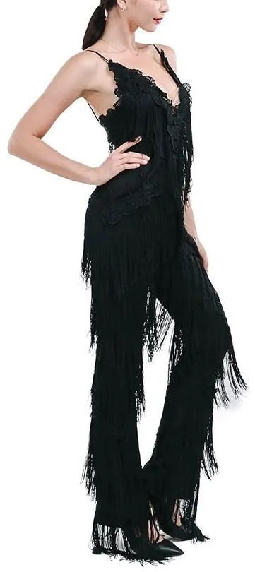 Fringed Halter Jumpsuit in Black