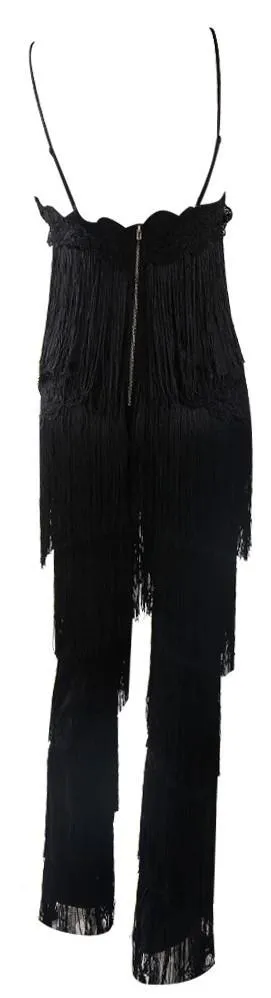 Fringed Halter Jumpsuit in Black