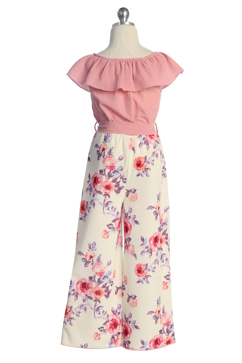 Girls Off-Shoulder Ruffle Jumpsuit with Waist Tie and Necklace, Sizes 4-14