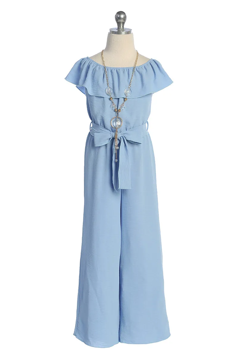 Girls Off-Shoulder Ruffle Jumpsuit with Waist Tie and Necklace, Sizes 4-14