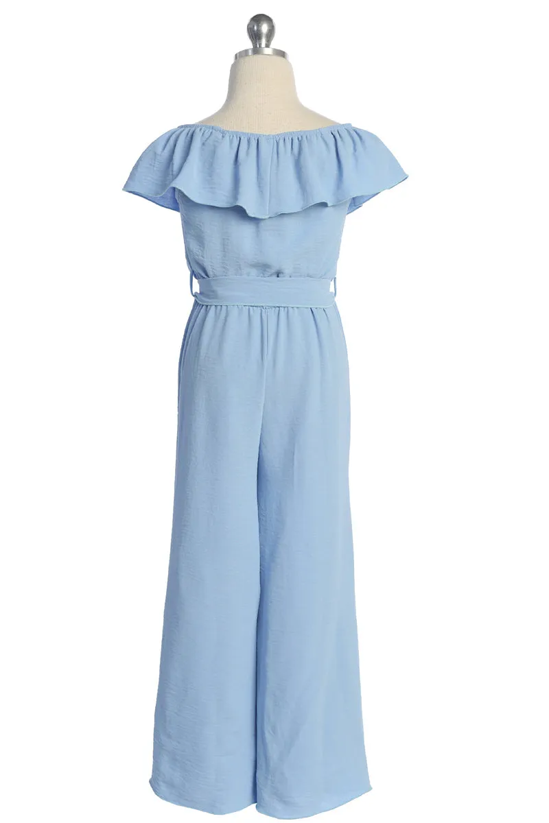 Girls Off-Shoulder Ruffle Jumpsuit with Waist Tie and Necklace, Sizes 4-14