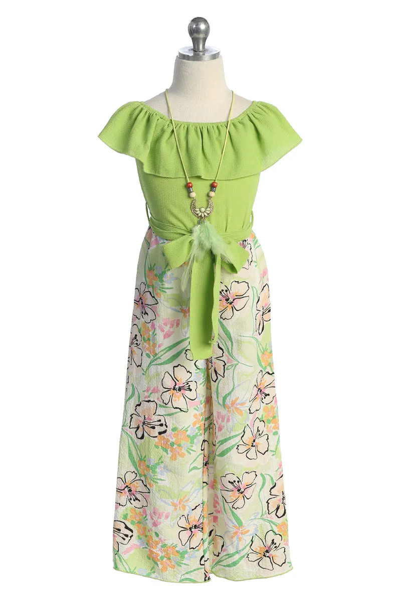 Girls Off-Shoulder Ruffle Jumpsuit with Waist Tie and Necklace, Sizes 4-14