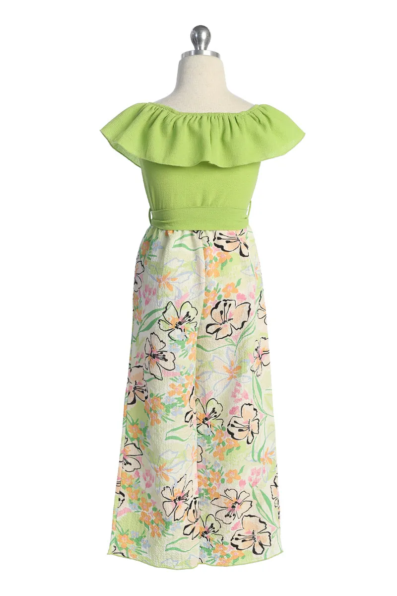 Girls Off-Shoulder Ruffle Jumpsuit with Waist Tie and Necklace, Sizes 4-14