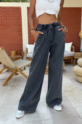 GNS Women's Black High Waisted Elasticated Wide Leg Washed Denim Pants BST700-KT-0088 - Norfolk