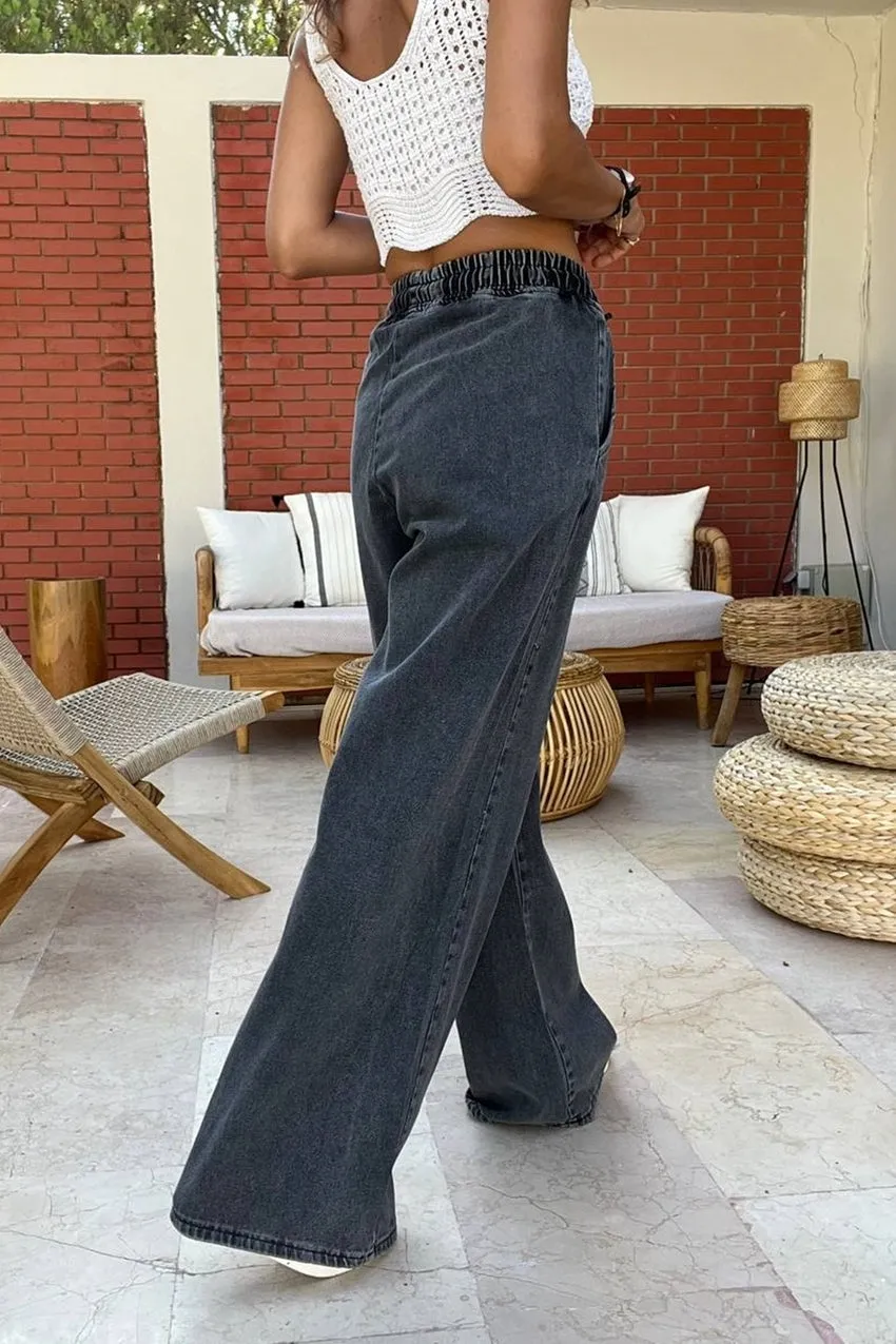 GNS Women's Black High Waisted Elasticated Wide Leg Washed Denim Pants BST700-KT-0088 - Norfolk