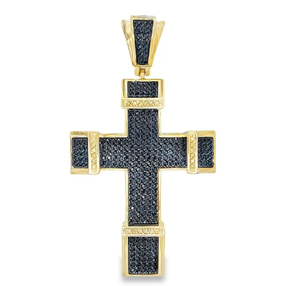 Gold Chunky Black & Yellow CZ Cross Iced Out Pendant