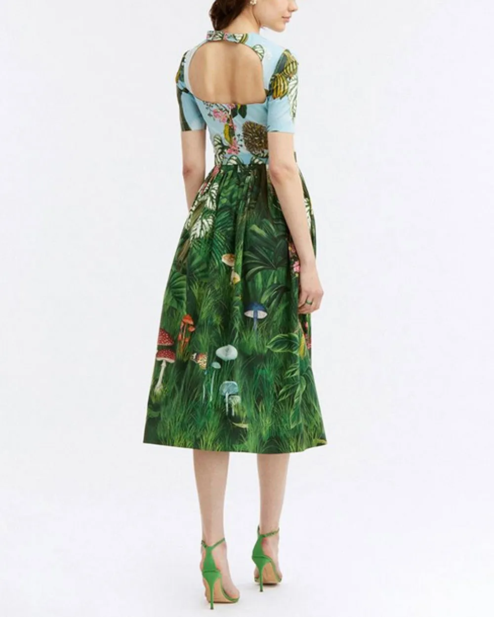 Green Multi Botanical Short Sleeve Midi Dress
