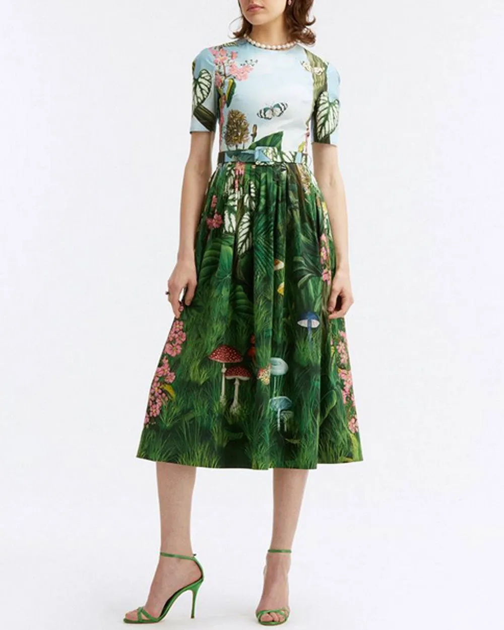 Green Multi Botanical Short Sleeve Midi Dress