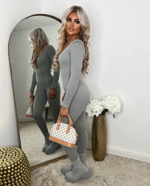 Grey Ribbed Long Sleeved Unitard Jumpsuit
