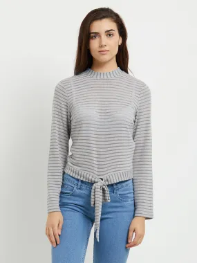Grey Strpe Top With Front Tie Up