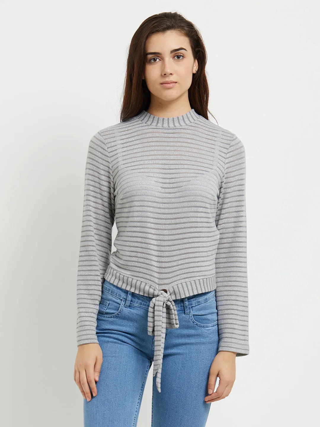 Grey Strpe Top With Front Tie Up