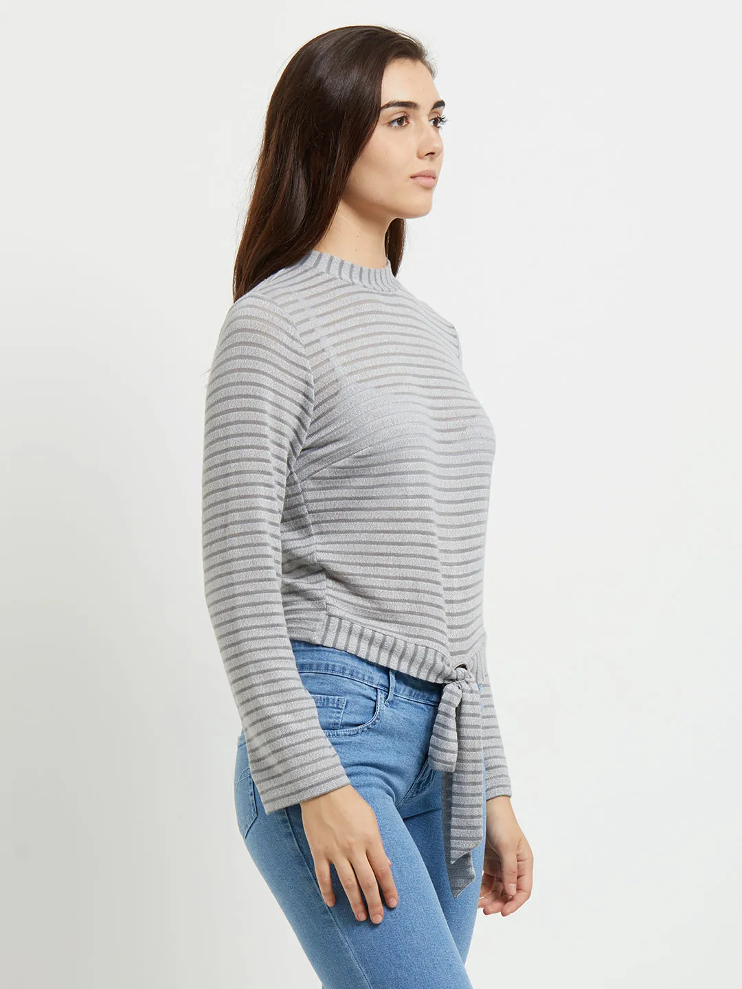 Grey Strpe Top With Front Tie Up