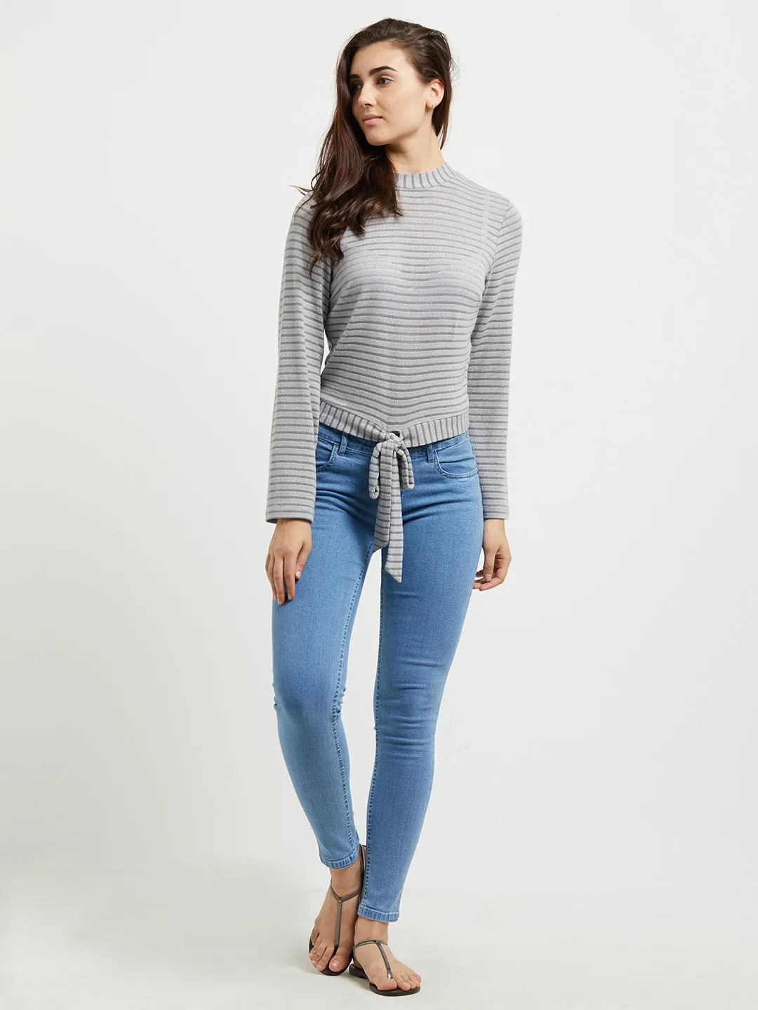 Grey Strpe Top With Front Tie Up