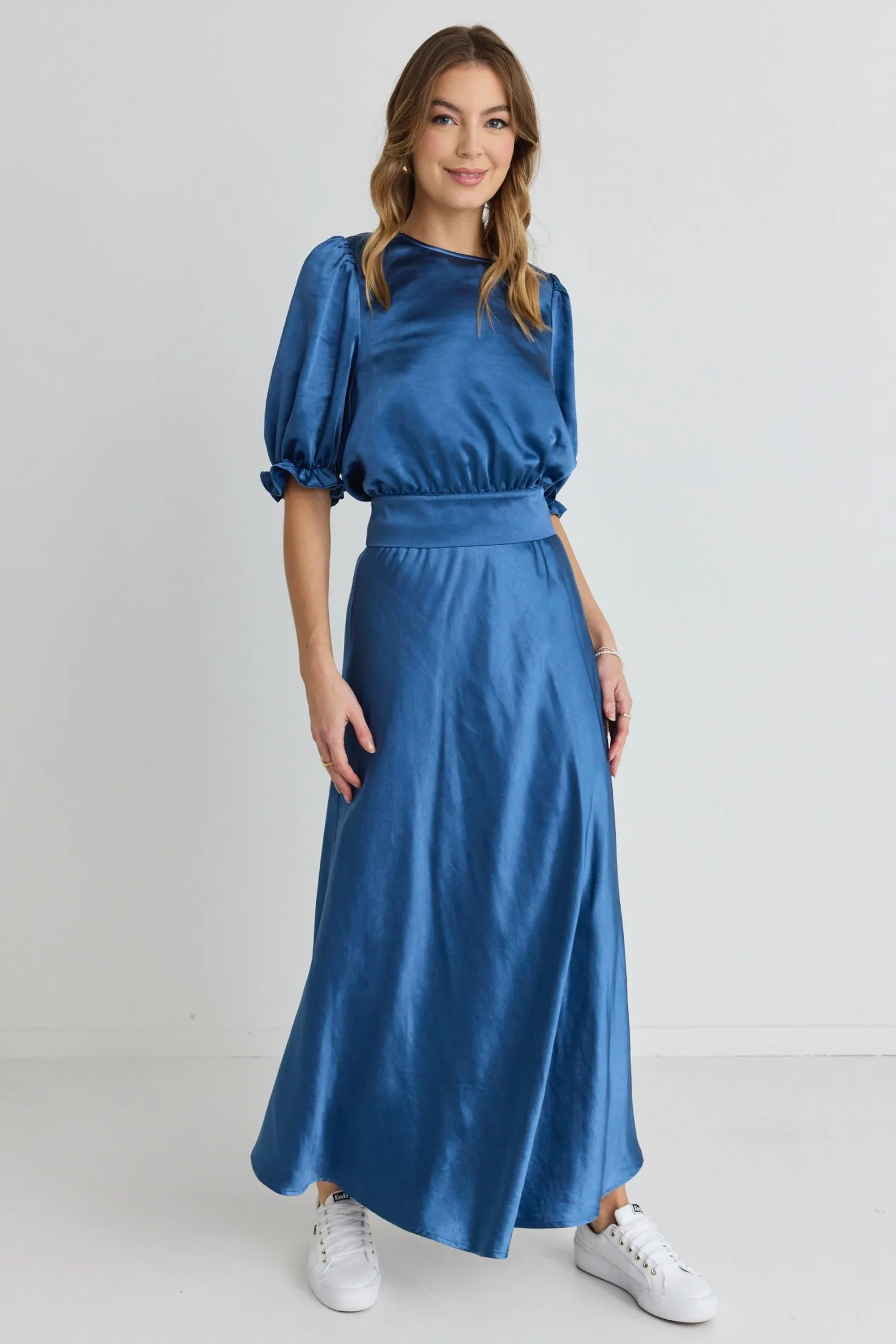 Haven Petrol Satin Floaty Bias Cut Maxi Skirt