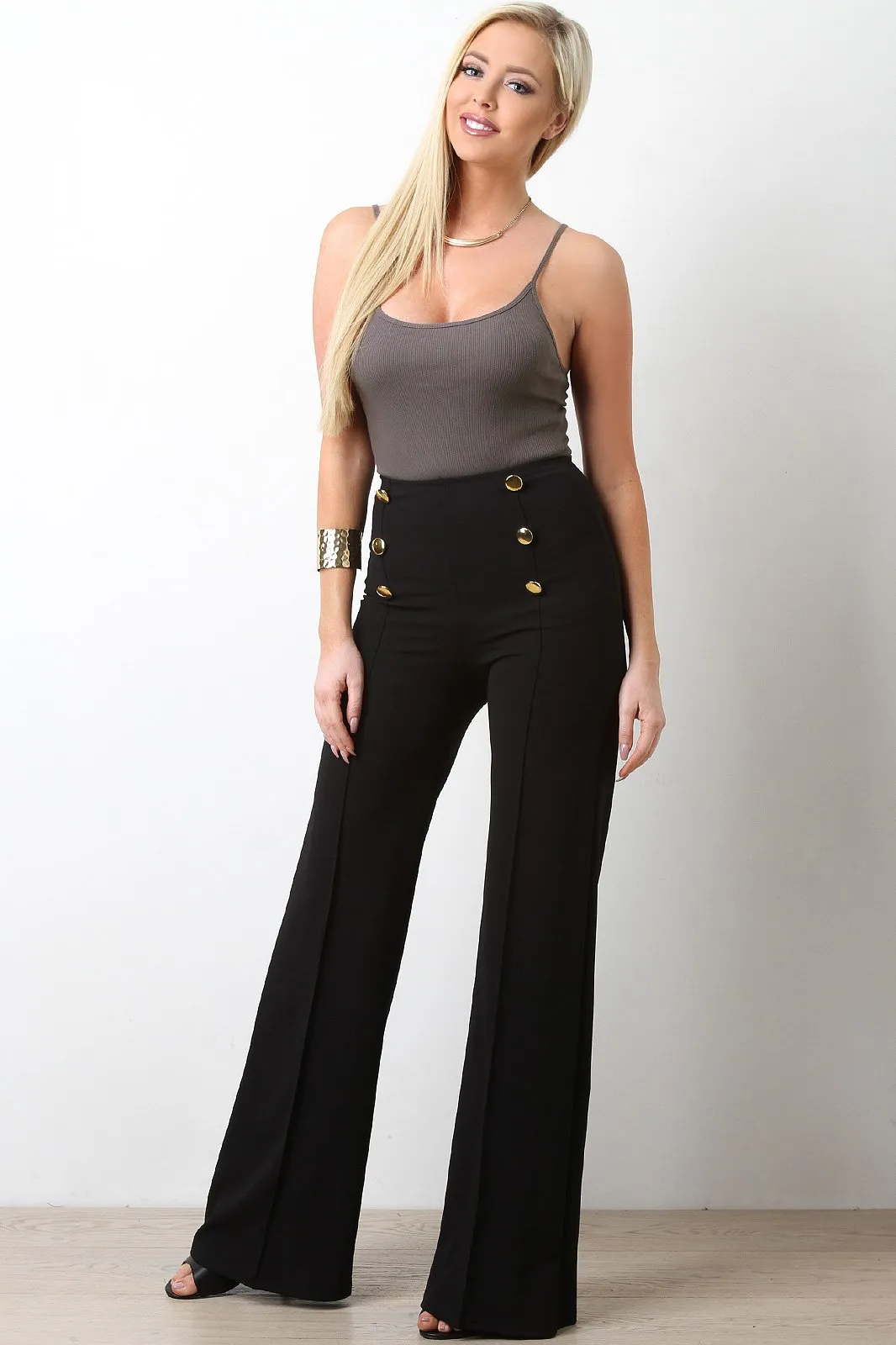High Waisted Palazzo Decor Button Pants