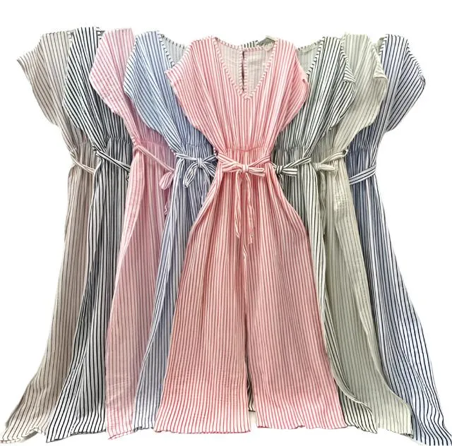 Italian Striped Cotton Gauze Jumpsuit With Short Sleeves One Size