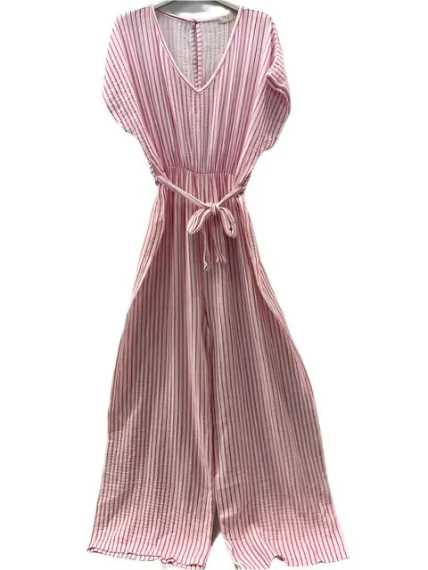 Italian Striped Cotton Gauze Jumpsuit With Short Sleeves One Size