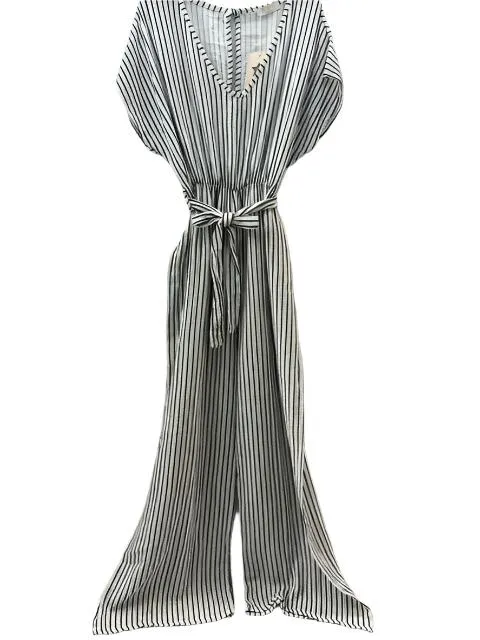 Italian Striped Cotton Gauze Jumpsuit With Short Sleeves One Size
