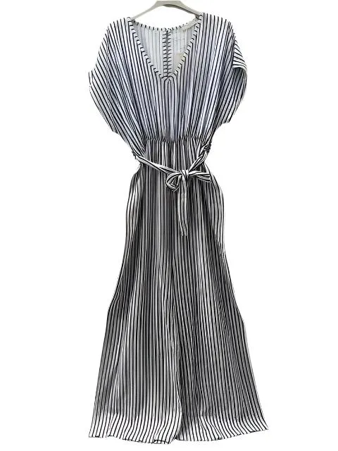 Italian Striped Cotton Gauze Jumpsuit With Short Sleeves One Size