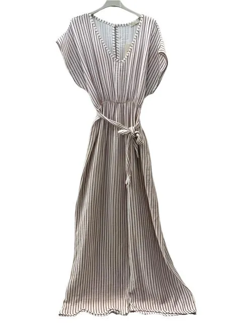 Italian Striped Cotton Gauze Jumpsuit With Short Sleeves One Size