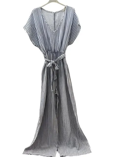 Italian Striped Cotton Gauze Jumpsuit With Short Sleeves One Size