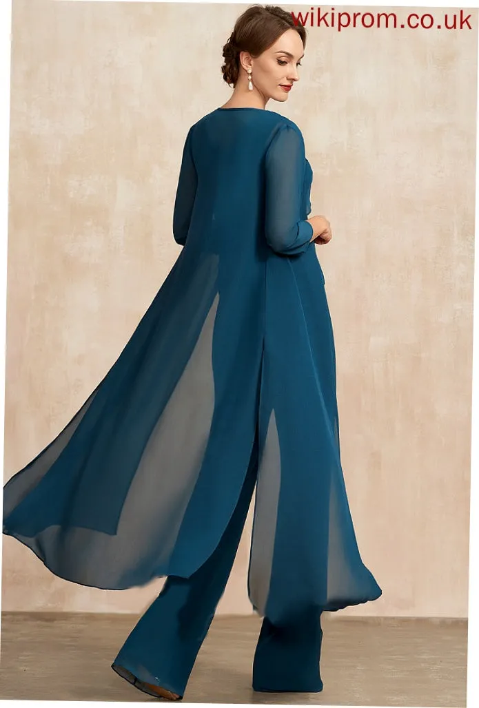 Jumpsuit/Pantsuit Neck Bride Ruffles Chiffon Mother Dress With Scarlet Cascading the Beading Mother of the Bride Dresses of Scoop Floor-Length
