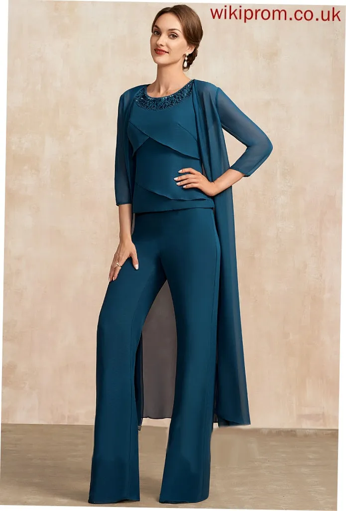 Jumpsuit/Pantsuit Neck Bride Ruffles Chiffon Mother Dress With Scarlet Cascading the Beading Mother of the Bride Dresses of Scoop Floor-Length