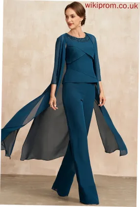 Jumpsuit/Pantsuit Neck Bride Ruffles Chiffon Mother Dress With Scarlet Cascading the Beading Mother of the Bride Dresses of Scoop Floor-Length