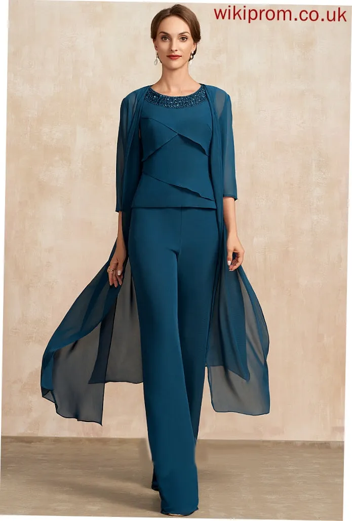 Jumpsuit/Pantsuit Neck Bride Ruffles Chiffon Mother Dress With Scarlet Cascading the Beading Mother of the Bride Dresses of Scoop Floor-Length