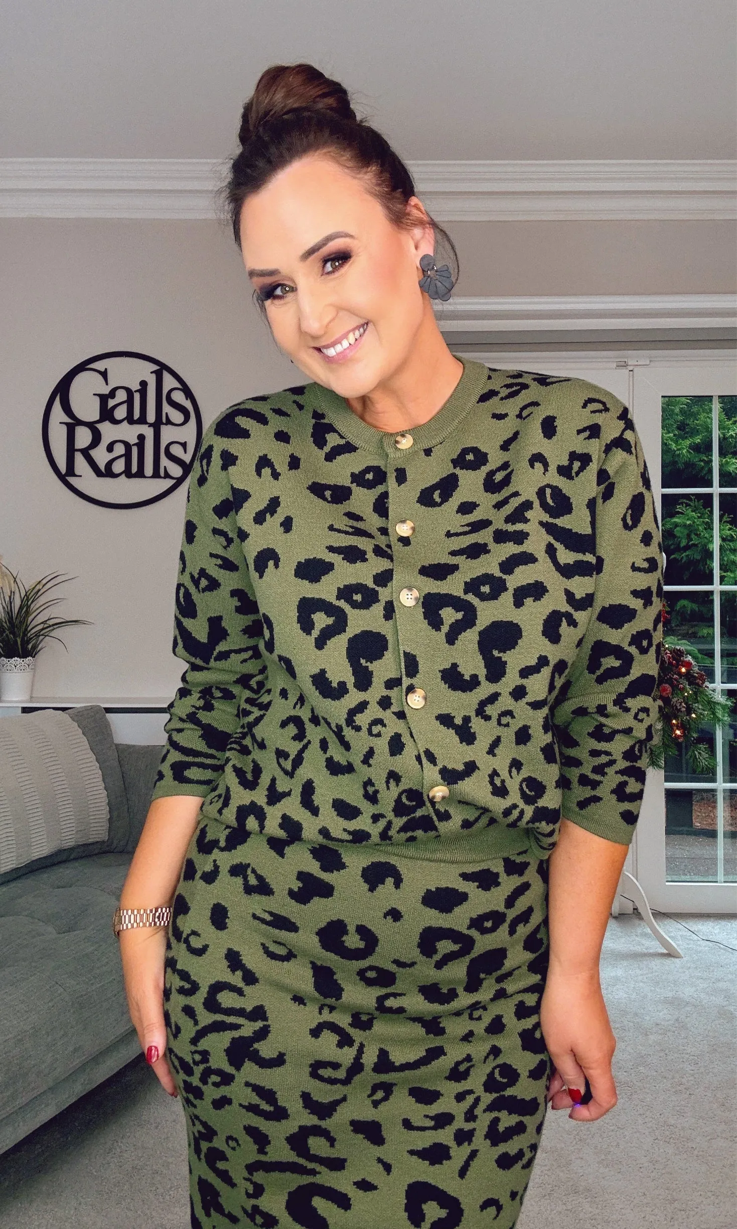 KHAKI MIDI KNIT LEOPARD SKIRT