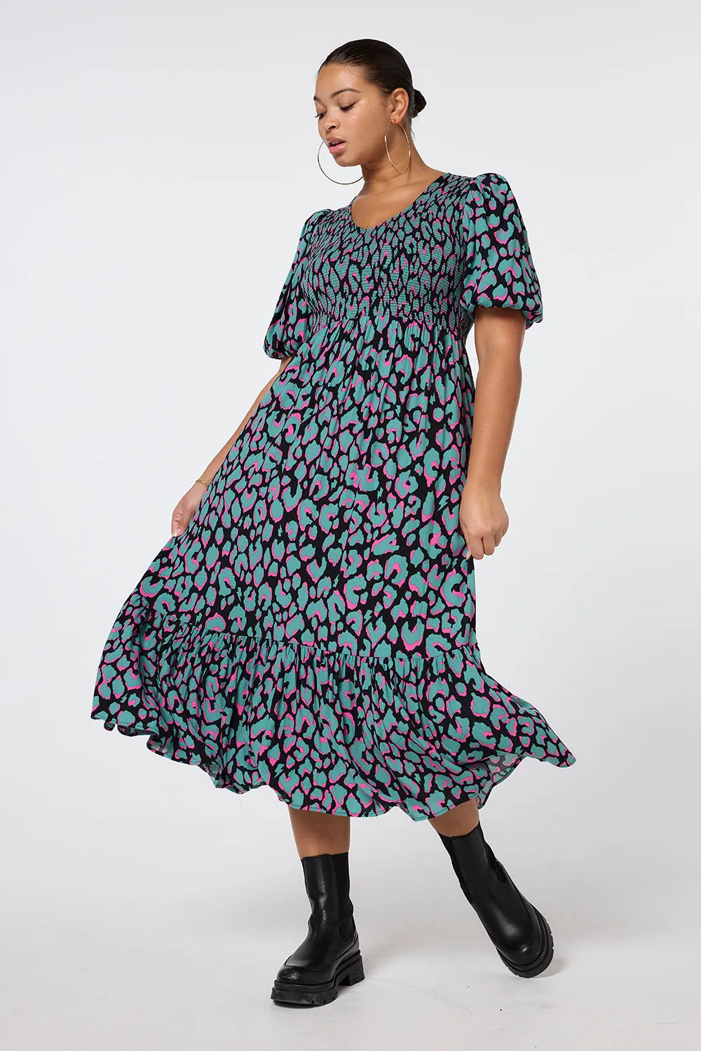 Khaki with Pink and Black Mega Leopard Shirred Puff Sleeve Midi Dress
