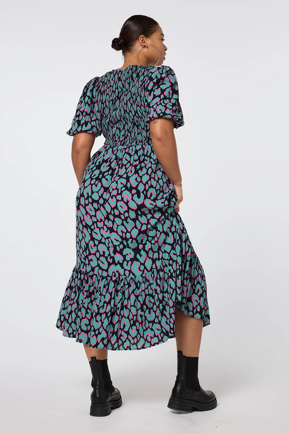 Khaki with Pink and Black Mega Leopard Shirred Puff Sleeve Midi Dress