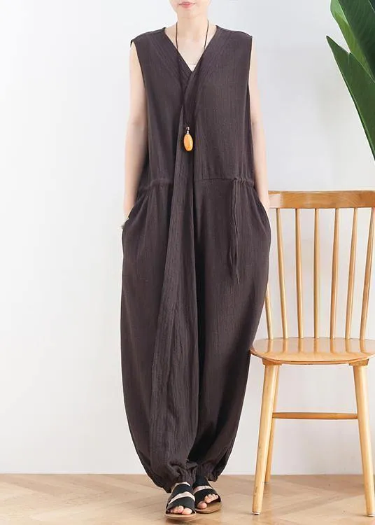 Korean version of the thin wide-leg jumpsuit female summer cotton and linen loose fashion chocolate nine points jumpsuit