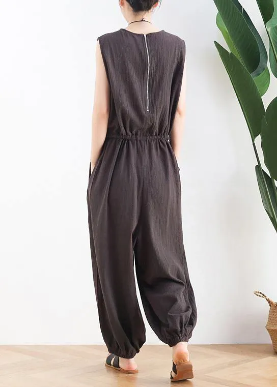 Korean version of the thin wide-leg jumpsuit female summer cotton and linen loose fashion chocolate nine points jumpsuit