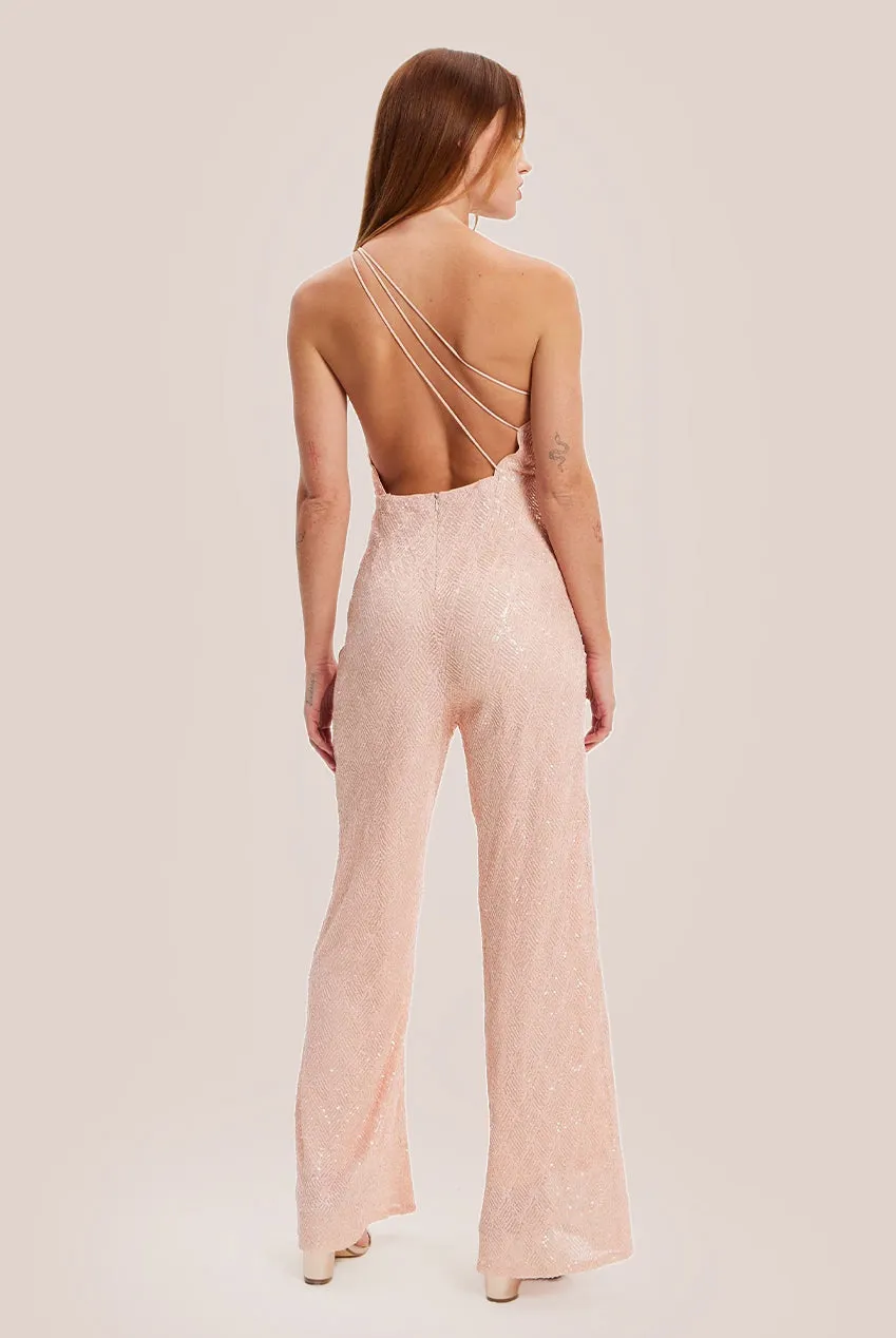Liquorish Pink Sequin Jersey One Shoulder Jumpsuit