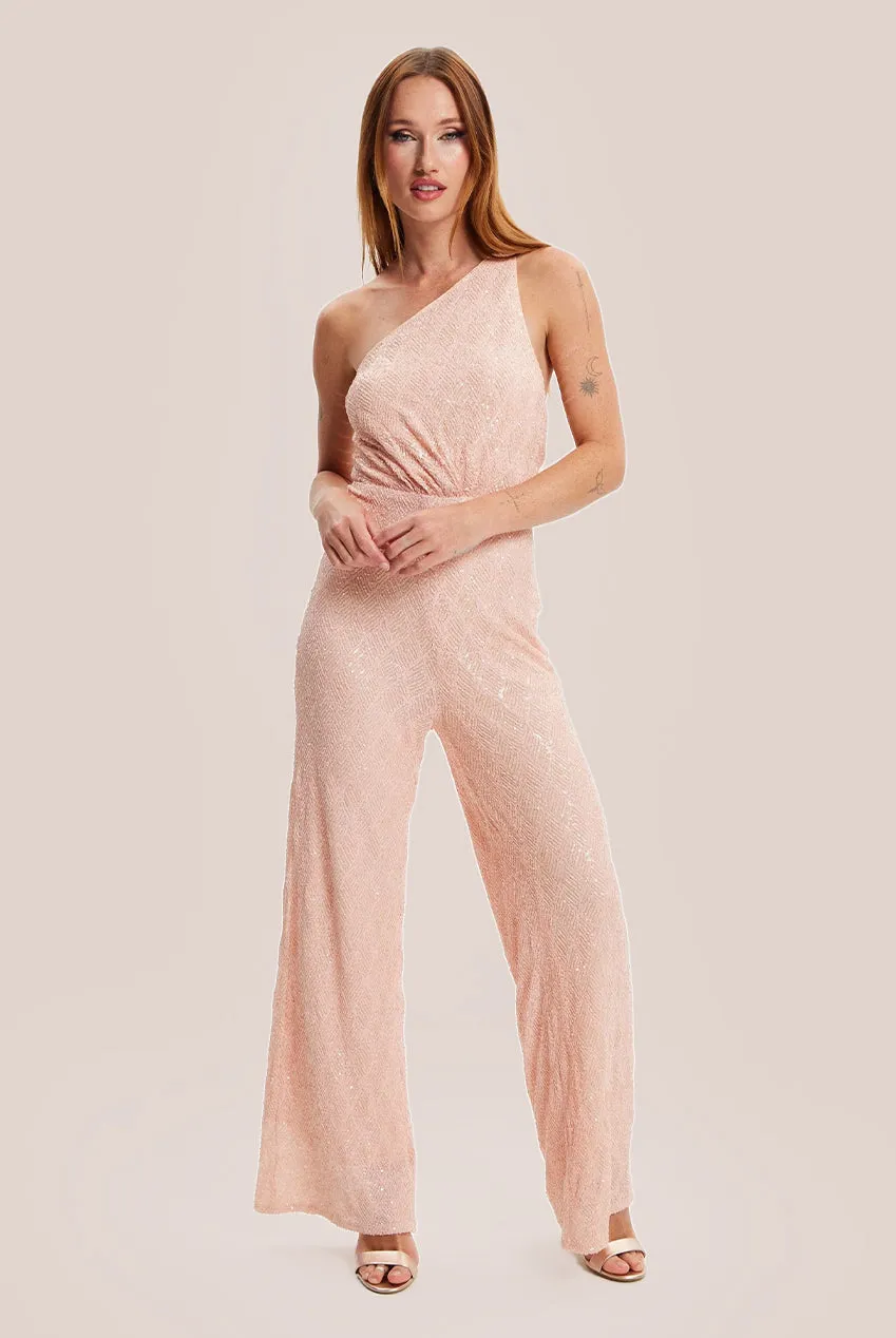 Liquorish Pink Sequin Jersey One Shoulder Jumpsuit
