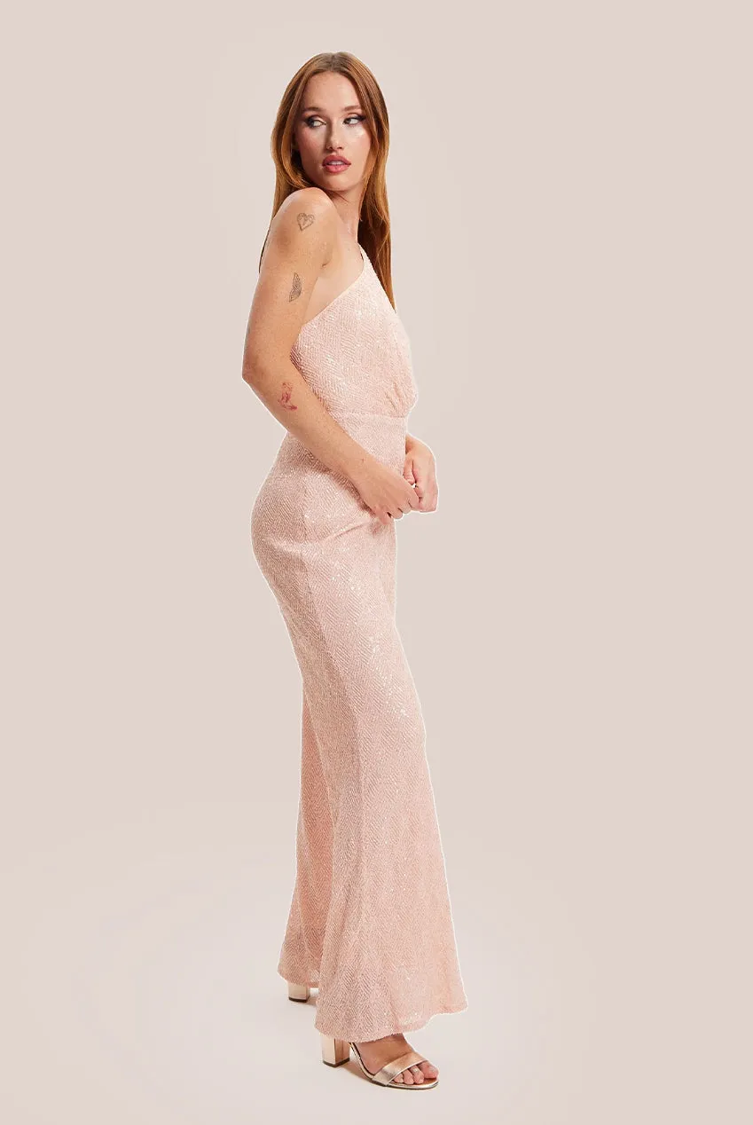 Liquorish Pink Sequin Jersey One Shoulder Jumpsuit