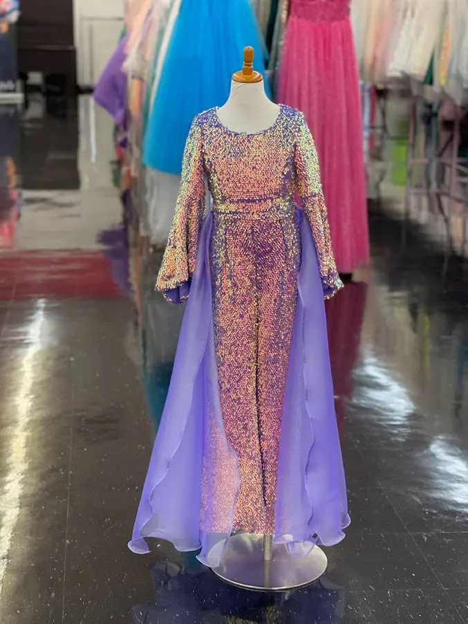 Marc Defang 8004k Girls Sequin Bell Sleeve Pageant Jumpsuit Overskirt Fun Fashion