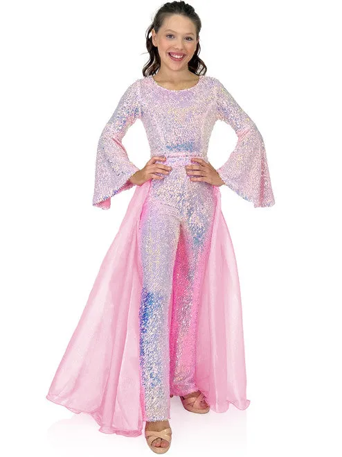 Marc Defang 8004k Girls Sequin Bell Sleeve Pageant Jumpsuit Overskirt Fun Fashion