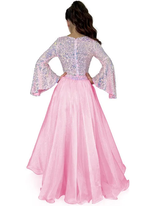 Marc Defang 8004k Girls Sequin Bell Sleeve Pageant Jumpsuit Overskirt Fun Fashion