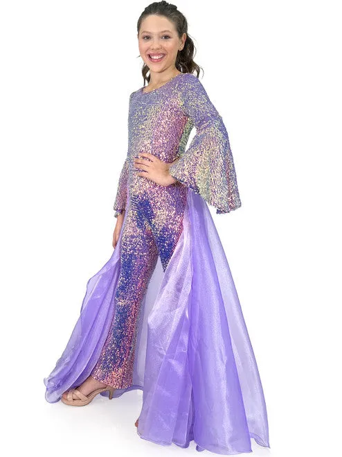 Marc Defang 8004k Girls Sequin Bell Sleeve Pageant Jumpsuit Overskirt Fun Fashion