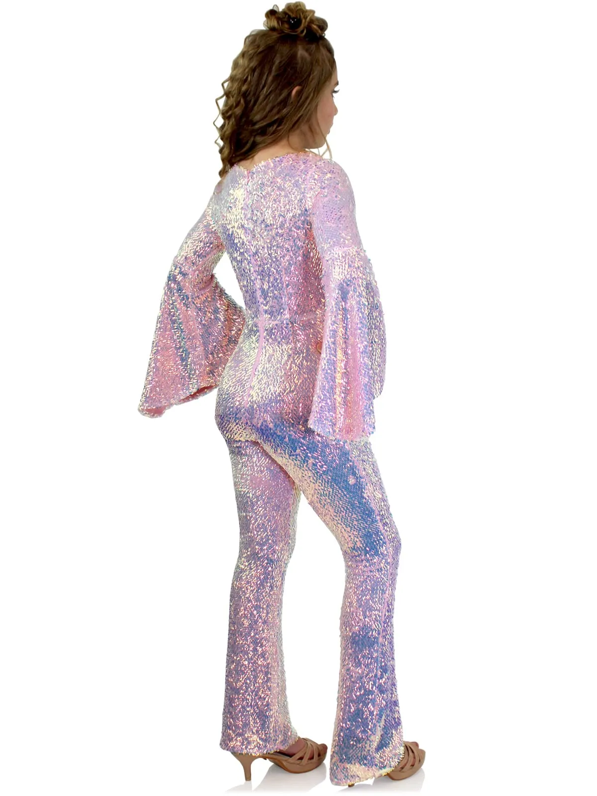 Marc Defang 8004k Girls Sequin Bell Sleeve Pageant Jumpsuit Overskirt Fun Fashion