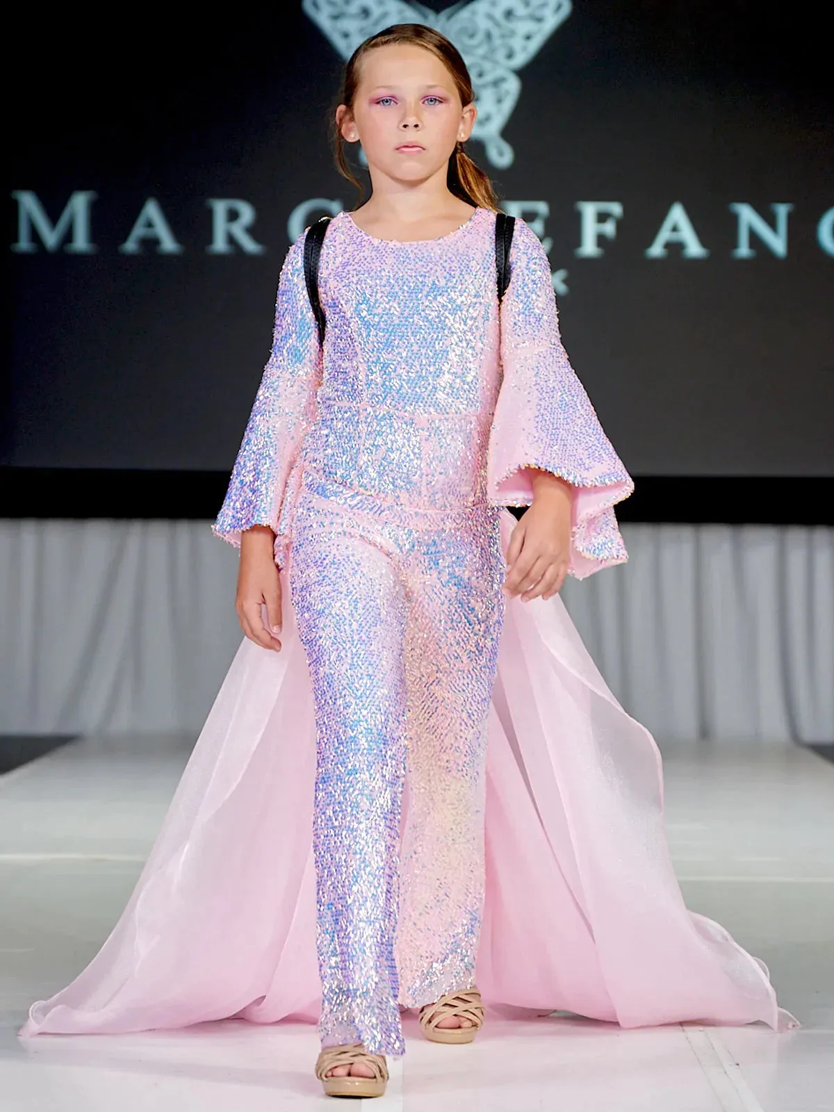 Marc Defang 8004k Girls Sequin Bell Sleeve Pageant Jumpsuit Overskirt Fun Fashion