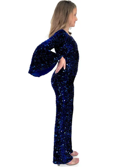 Marc Defang 8225K Size 10 Hot Pink Girls Velvet Sequin Pageant Jumpsuit Long Bell Sleeve Fun Fashion