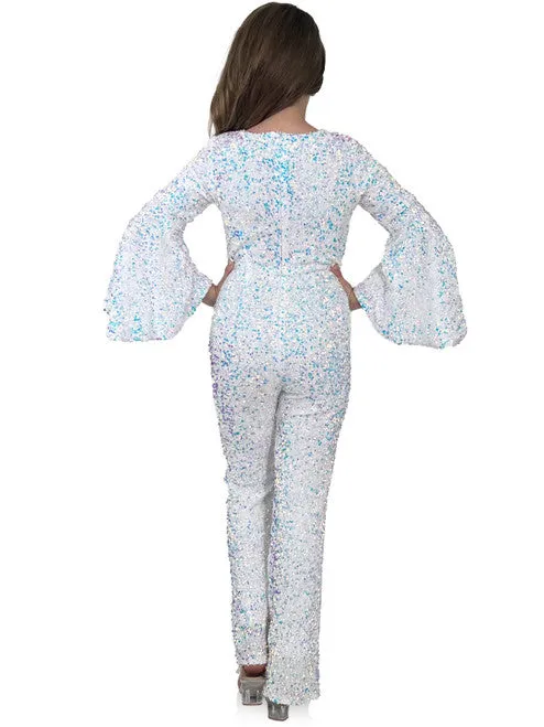 Marc Defang 8225K Size 10 Hot Pink Girls Velvet Sequin Pageant Jumpsuit Long Bell Sleeve Fun Fashion