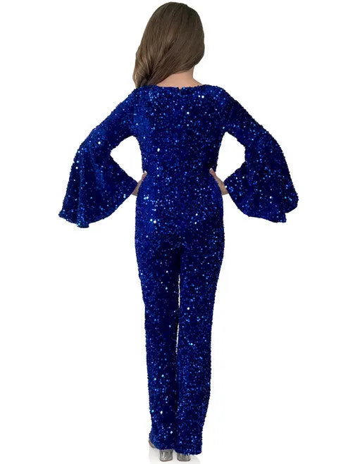 Marc Defang 8225K Size 10 Hot Pink Girls Velvet Sequin Pageant Jumpsuit Long Bell Sleeve Fun Fashion