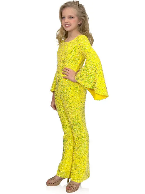 Marc Defang 8225K Size 10 Hot Pink Girls Velvet Sequin Pageant Jumpsuit Long Bell Sleeve Fun Fashion