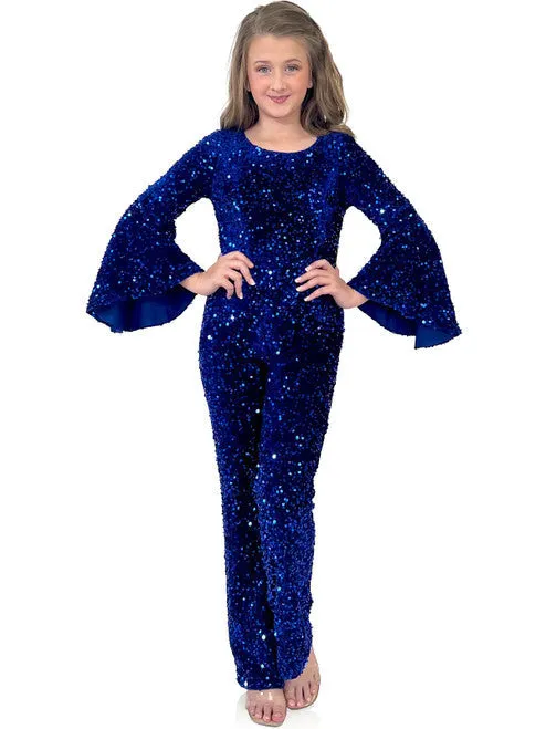 Marc Defang 8225K Size 10 Hot Pink Girls Velvet Sequin Pageant Jumpsuit Long Bell Sleeve Fun Fashion